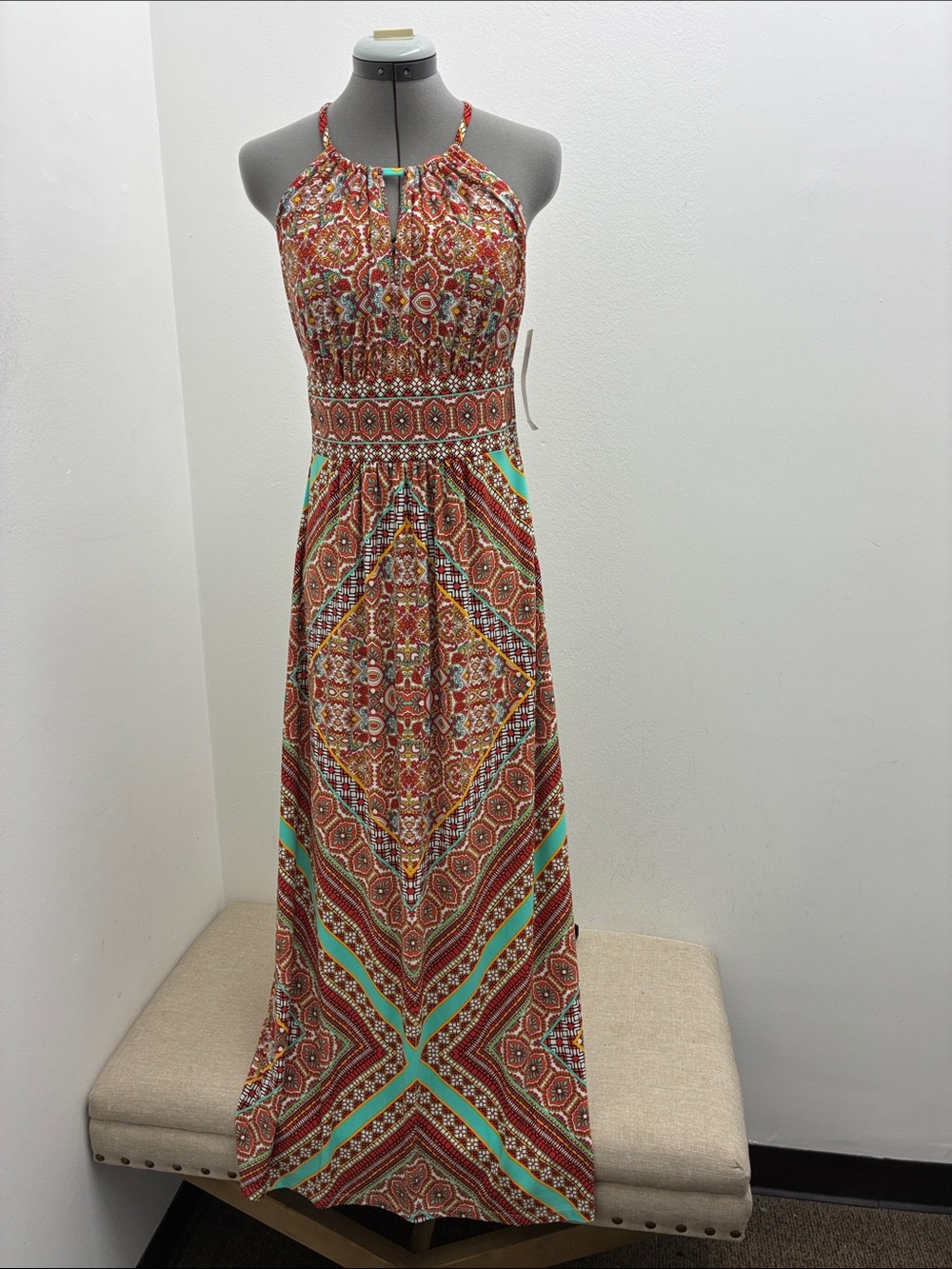 London Style Halter Maxi Dress in Rust and Teal